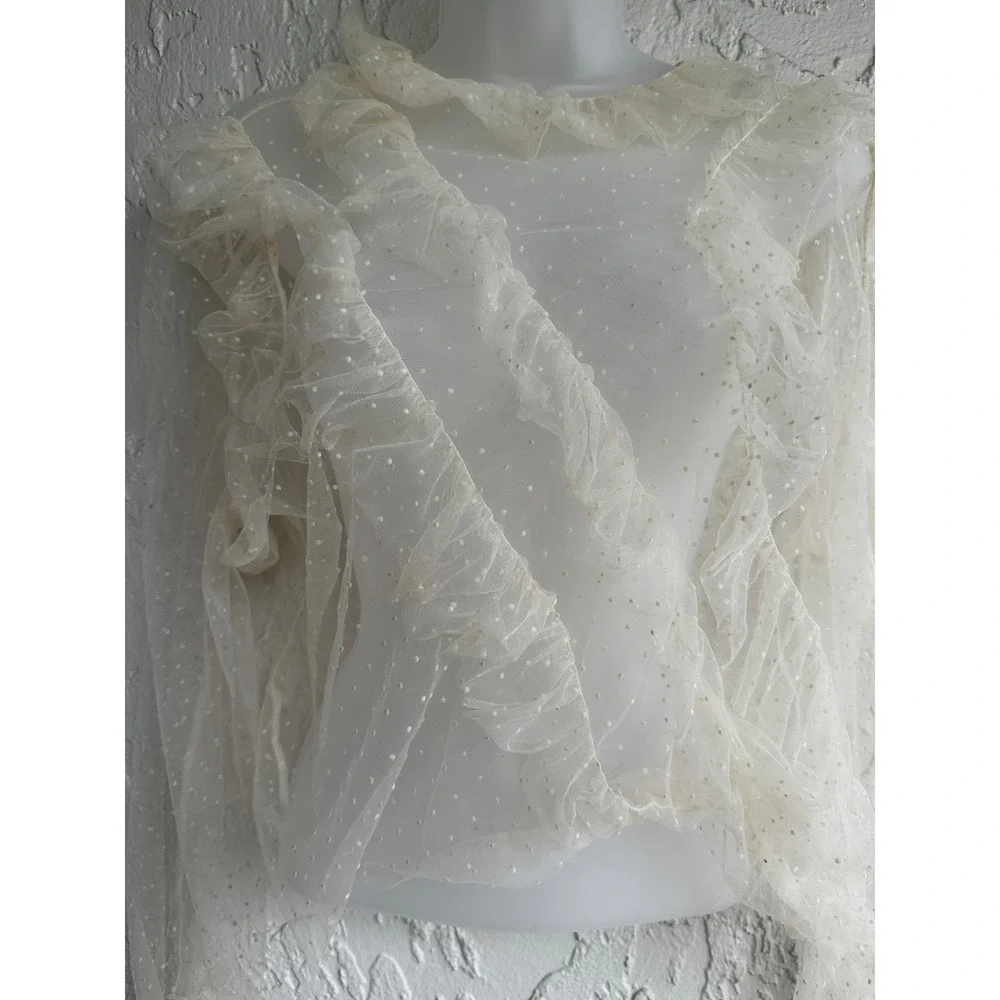 Zara Cream Swiss Dot Mesh Ruffle‎ Blouse Sheer High Neck Long Sleeve Small